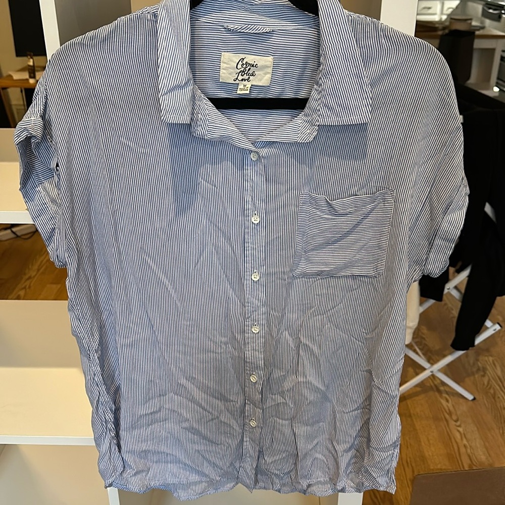 LIKE NEW - blue/white striped button down blouse. Size M